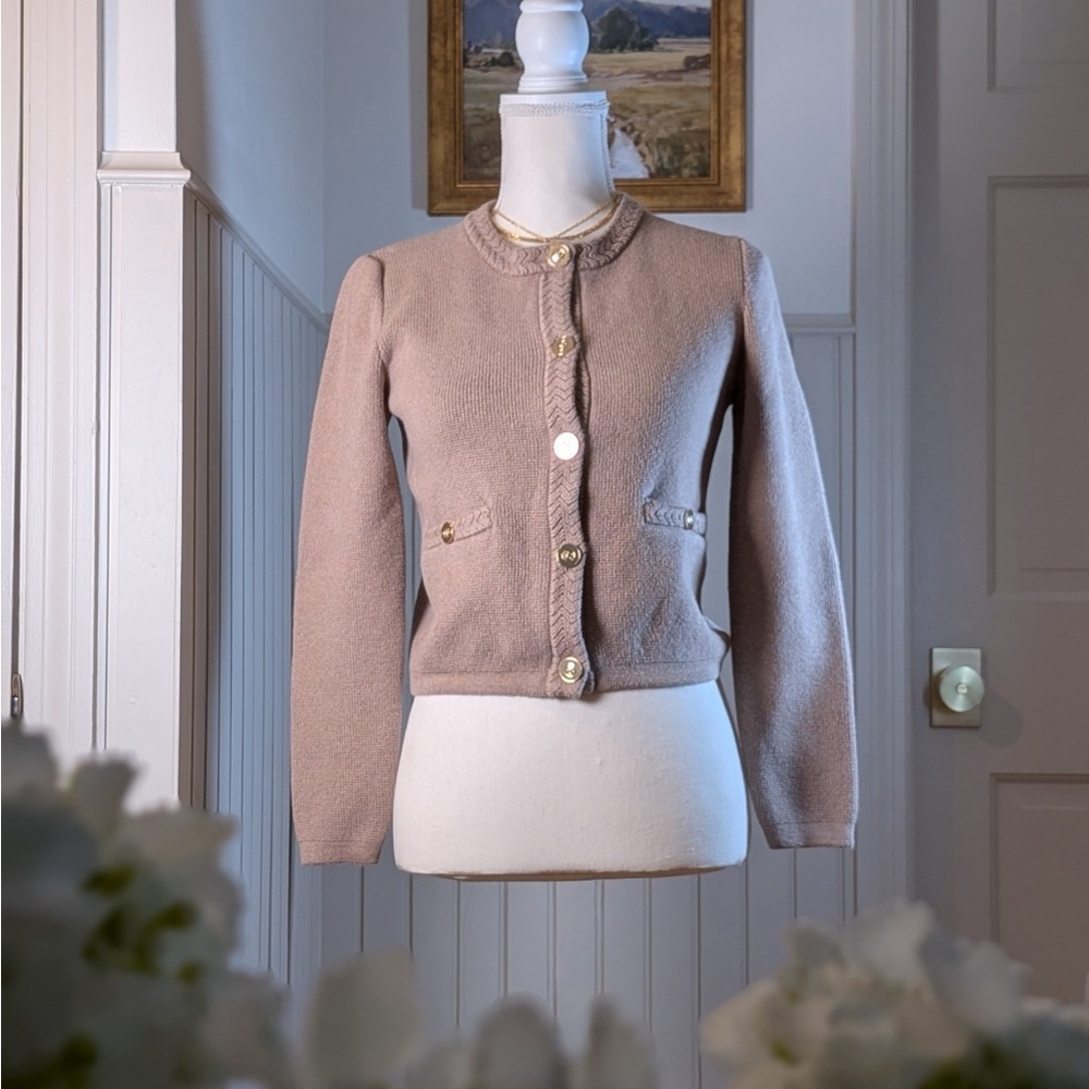 J.Crew Cropped Cardigan Sweater XS Taupe Gold Buttons Braided Trim 100% Cotton